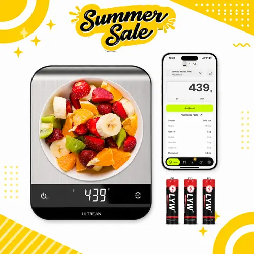 Ultrean Smart Nutrition Scale - High Accuracy 0.1g/0.001oz Rectangular Digital Kitchen Scale with App Sync, Alkaline Compatibility, Calorie/Macro Tracking, Enhances Cooking Experience (Dieting, Baby Food Prep)