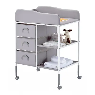 【FathersDayGift】VEVOR Baby Changing Table, Portable Diaper Change Station with 3 Fabric Drawers and Lockable Wheels, Adjustable Height Multi-Functional Changing Station Table with Storage Organizer Nursery, Gray
