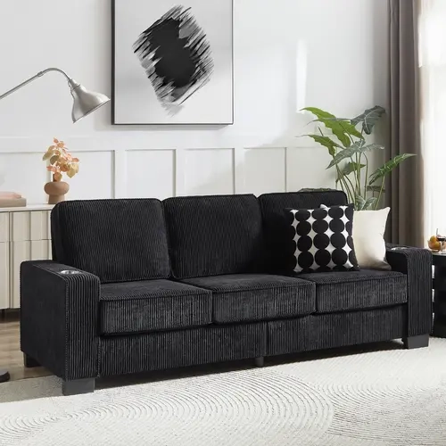 Niccae Modern 3-Seater Compressed Couch Corduroy Fabric Sofa with Built-In Cup Holders & High-Density Sponge for Living Room Bedroom Office,sohochic