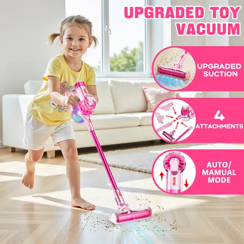 BLAXTEM Upright 4-in-1 Unisex Kids Toy Vacuum Cleaner Set - Lightweight, Strong Suction, 4 Attachments, Auto-Manual Modes, Sound & Light, Interactive Pretend Play Toy for 3-7 Year Olds, Cleaning Chores Cool Gift for Kids,sohochic