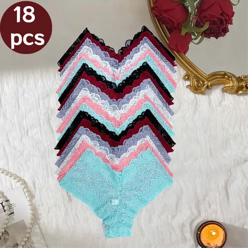QQ 18-Pack Women's Floral Lace Underwear Set - Assorted Colors, Soft Stretch Fabric, Sexy & Comfortable Briefs with Delicate Bow Accents for Everyday Wear & Casual Outings Womenswear Panties Lingerie