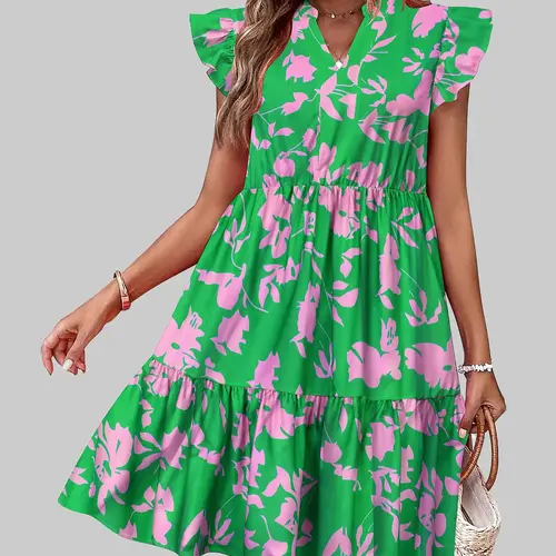 Women's Floral Printed Ruffle Sleeve Tiered Mini Dress - Straight Shoulder Bohemian V Neck Casual Womenswear