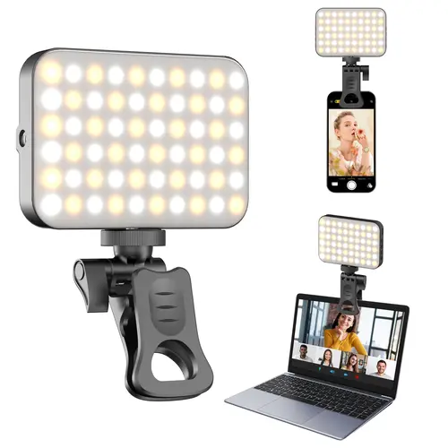 Rechargeable Clip-On LED Selfie Light Kit - Adjustable Cellphone Fill Light, Camera Phone & Smartphone Accessories for Video Calls, Makeup Photography