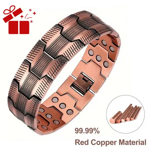 99.99% Pure Copper Magnetic Bracelet for Men - Hypoallergenic Masculine Wide Band with Carved Tyre Graphic, Adjustable 3-Row 3x Strength 3500 Gauss Magnets, Lead&Nickel Free Father's Day Guys Gift, Fashion Accessory, Mens Gifts,sohochic