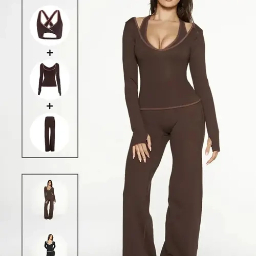 Women's Fashion Patchwork Colorblock Strap Top & Fitted Long Sleeve Shirt & Wide Leg Pants Set, Matching Outfit Set, Comfortable Casual Matching Set for All Seasons, Fitted Clothing Set, Clothes, Womenswear