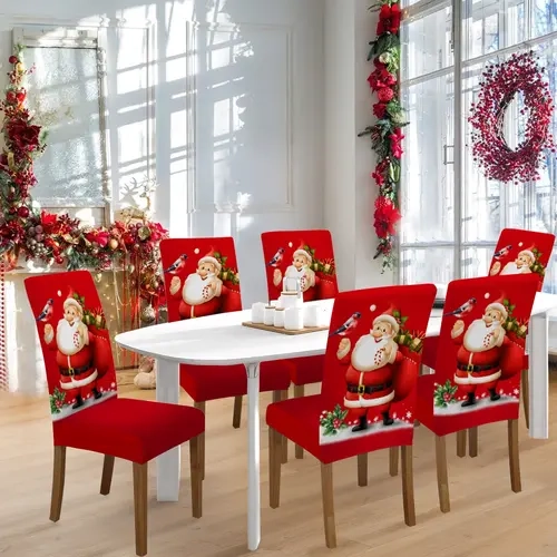 Christmas Chair Covers Set, Santa & Gift Print Elastic Parsons Slipcovers, Dining Chair Protector, Washable Holiday Decorations for Dining Room Chairs, Universal Chair Cover
