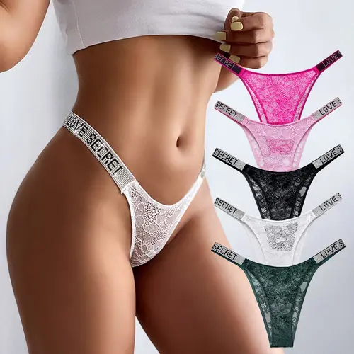 JROZXF Women's 5pcs Rhinestone Lace Bikini-Shaped Thongs - Knit Fabric, Low-Waist, Stretchy, Comfortable, Skin-Friendly, Solid Soft Lingerie, Semi-Sheer Lace, Luxe Rhinestone Shine, Chic Look, Hand Washable, Retro Wedding Birthday Gifts for Lovers