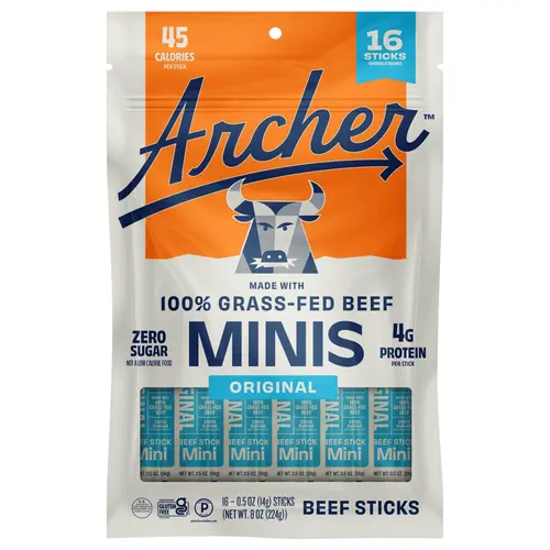 Archer Original Dried Beef Minis - 16ct, 100% Grass-Fed Dried Meat, 0g Sugar Free, Gluten-Free, Paleo Safe, 4g Good Source of Protein, Natural Ingredients, Savory Jerky Sticks, High Protein Snack, Dry