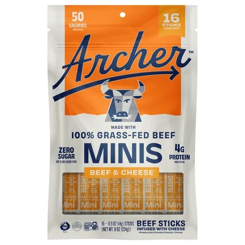 Archer Jerky Beef & Cheese Minis - 16ct, 100% Grass-Fed Beef, 0 Sugar, Savory Cheese Flavor, 4g Protein, Protein Snacks, Healthy Snacks to Buy, Dried Meat Jerky Stick, Dried Beef