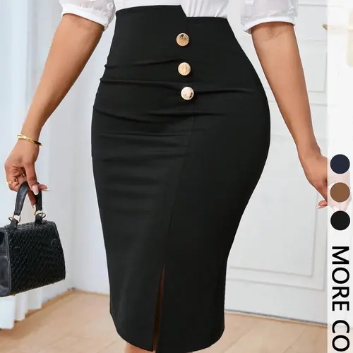 Women's Commuting Minimalist Chic Basic Solid Color Formal Skirt, Button-Front Fitted Pencil Skirt, Fashion Button Asymmetrical Elegant Casual Stylish Bodycon Skirt for All-season