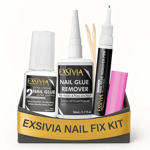 EXSIVIA Nail Fix Kit Set, Acetone-Free Nail Glue Remover, Brush-On Nail Glue & Refillable Remover Pen for Press-On Nails