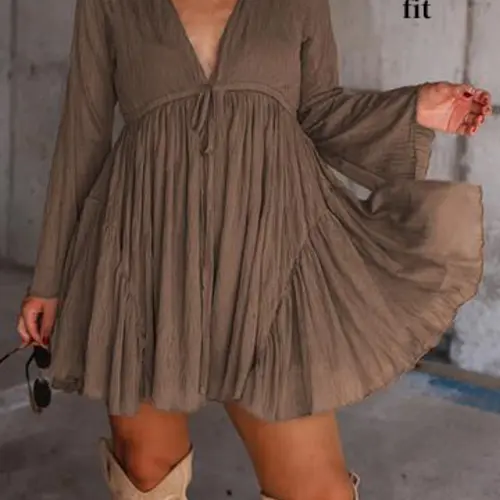 Women's V Neck Long Sleeve Dress with Pants Lining, Vintage Elegant Casual Chic Outfit Party Wear Spring Fall Mini Dress, Loose Fit Plain Pattern, Lady