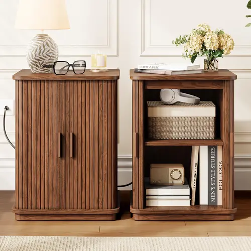 【Sliding Door Design】ONBRILL Square End Table with Storage & Charging Station, Fluted Accent Side Table with Sliding Door & Sturdy Pedestal, Mid-Century Modern Nightstand for Small Space, Living Room Furniture【SohoChic】