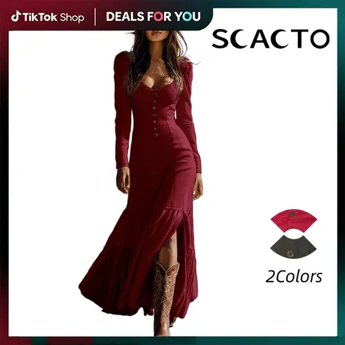 Scacto Women's Soft Drape Solid Vintage Western Maxi Dress - Square Neck, Long Sleeves (add graceful coverage), Ruffle Lace Trim, High Slit, Body Contour Polyester, Rustic Elegance, Western Weddings Elegant Pick, Country Concert Outfit