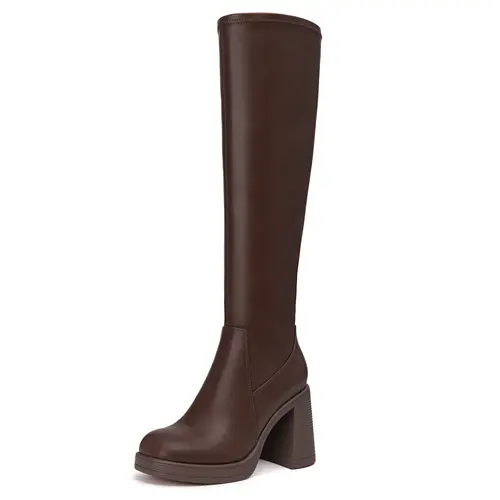 Athlefit Women's Knee High Boots - Shoe, Footwear with Square Toe, Platform Chunky High Heel, Stretchy Tall Design, Side Zipper, Square Toe Modern, Streetwear Ready, Pu, Chunky Heels, Block Heel,shoes for back to school,back to school shoes,sohochic