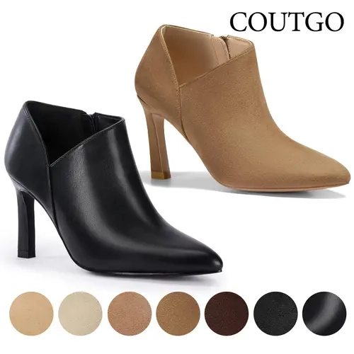 Coutgo Women's Pointed Toe V Cut Ankle Boots Kitten Heel Side Zip Office Booties fall boots  Suede Faux Leather Classic Slip On