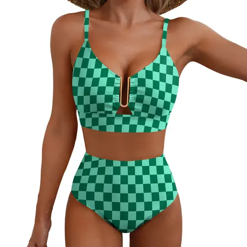 Aleumdr Women's Floral High-Waisted Bikini Set - 2 Piece Bathing Suit with Removable Pads, V-Neck, Adjustable Straps, Tummy Control for Beach Vacation Summer, 2 Piece Sets