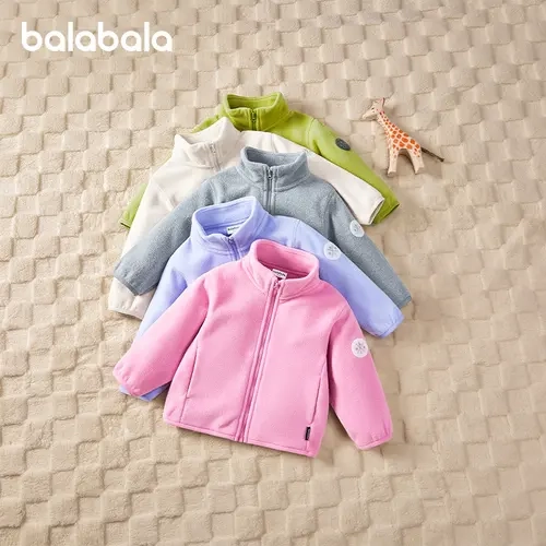 balabala Kids' Fleece Jacket - 7-8 Years, Casual Crew Neck Medium-Length Polyester Outerwear, Anti-Static Full-Zipper Long-Sleeve, Family Matching, Fall-Winter Daily Wear, Warmth for Kids, Slight Stretch