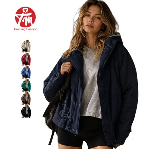 Tanming Women's Oversized Quilted Lightweight Jacket - Drop Shoulder, Plain, Attached Hood, Long Sleeve, Baggy, Adjustable, Basic Casual Winter Coat with Pockets for Layering Outfits, Thanksgiving Tops