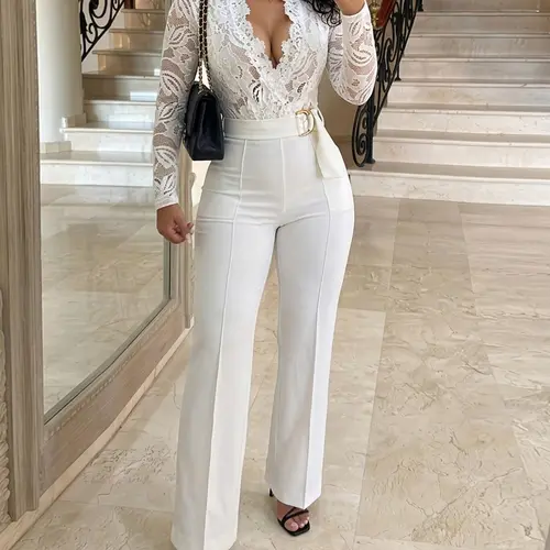 CHICME Crochet Lace Trim Deep V-Neck Floral Lace Spliced Overalls Casual Zipper Back Wedding Guest Seam Front Jumpsuit with Belt