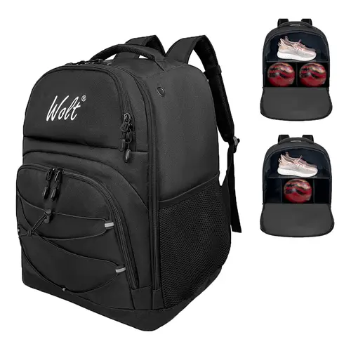Wolt Bowling Backpack for Men & Youth - Padded, Holds 1-2 Balls, 2-Ball Safe Design with Foam Buffer, 16-Inch Large Shoe Space, PVC Base, Divider Panels, Hands-Free Travel Solution