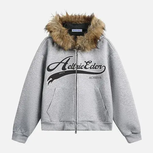 Aelfric Eden Menswear Unisex Long Sleeve Zip-Up Hoodie with Faux Fur Collar, Casual Oversized Y2K Heavyweight Fabric Tops, Streetwear Sweatshirt,sohochic