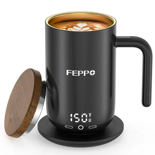 FEPPO Self-Heating Thermal Coffee Mug with Lid, 17oz Smart Automatic 5°F Precision Control Mug, Titanium Coating, Real-Time Digital Display, 2600mAh Battery & Charging Base, Great Gift for Warm Coffee/Tea/Cocoa Enthusiasts, Auto Shut-Off, Modern,sohochic