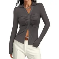 PrettyGarden Womens' Button Down Shirts V Neck Collared Ruched Slim Fit Long Sleeve Shirt Casual Fall Fashion Ladies Tops#DealsForYouDays