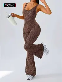 Women's Leopard Print Yoga Workout Jumpsuit, Cross Strap Design, Long Sleeve Slim Fit, Casual Fashion for All Seasons, Comfortable Wear at Home, Fitness Yoga Jumpsuit