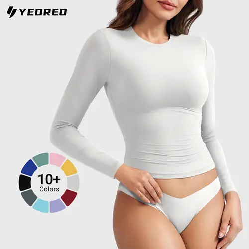 YEOREO Long Sleeve Shirts for Women y2k Tops Double Lined Basic Tee Crew Neck Going Out Sweeney Workout Undershirt sohochic, Spandex, Fabric, Fit