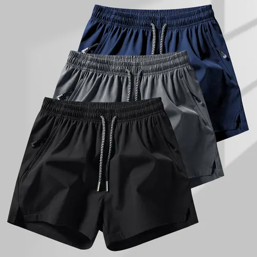 Men's 3-Pack Solid Color Casual Athletic Shorts - Drawstring Waist, Breathable Polyester, for Summer Fitness, Size M