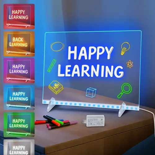 12"x8" Illuminated Reusable Acrylic LED Dry Erase Message Board Kit - Neon Colors, Modes, Paint Pens Markers, Power Adapter, Spray Bottle, Soft Cloth Wipes Clean Fast, Chain - Kids Ages 6+ Learning, Decoration, Office Use