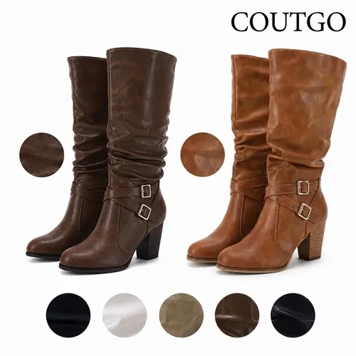 Coutgo Womens Mid Knee High Boots Chunky Heel Slouchy Metal Buckle Side Zipper Fashion Winter Shoes