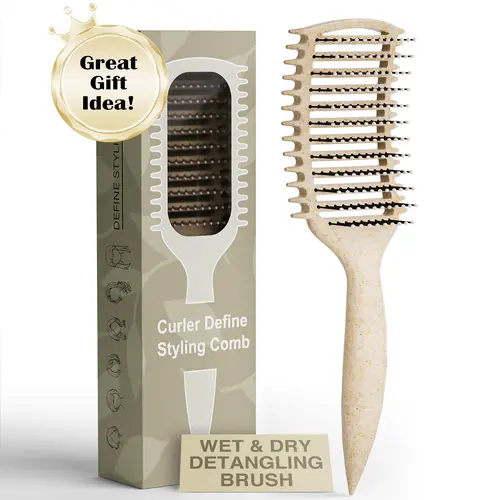 Curl Styling Brush - Vented Detangler with Soft Bristles, Ergonomic Lightweight Handle, Beige, Ideal for All Hair Types and Hair Care Routine, Gentle Care