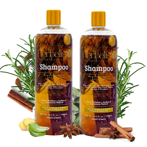 [2 Bottles] Herbalista Viral New Herbal Shampoo 1000ml (33 fl oz) Each Disc Top- With Real Pieces of Rosemary, Cinnamon, Anise, Clove, Aloe, Ginger, & Eucalyptus - Fortalece, Regenera, Acelera Crecimiento – 100% Natural & Handcrafted