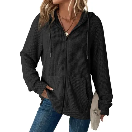 Dokotoo Women's Full Zip Up Hoodies Waffle Knit Long Sleeve Drawstring Casual Sweatshirt Hooded Tops