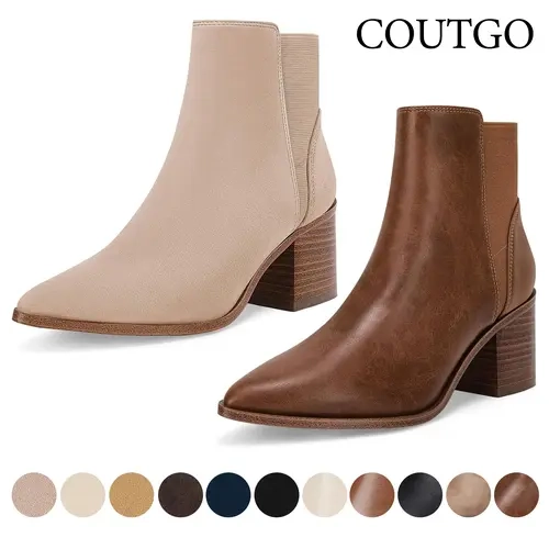 Coutgo Womens Pointed Toe Ankle Boots Elastic Chunky Block Stacked Mid Heel Slip On Chelsea Booties
