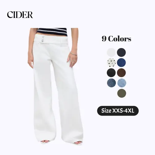 Cider Baggy Wide Leg Jeans Women's Retro Y2K Low Rise Denim Trousers Triple Button Waistband Solid Long Pants for Daily Casual Wear Petite & Plus Size Friendly Minimalist Basic Womenswear Bottom SohoChic
