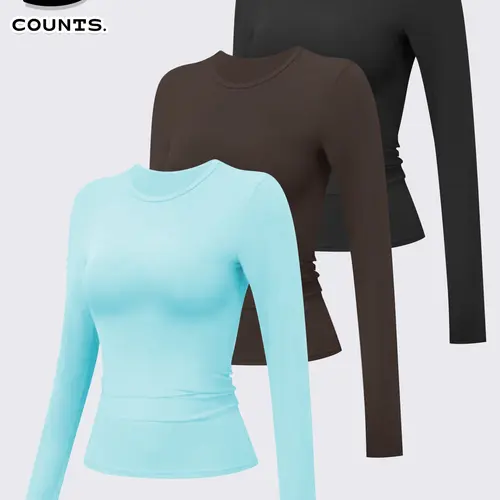 3 Pcs Sporty Long Sleeve Shirts, High Elasticity Waist Slimming Quick-Dry Breathable Fabric, Ideal for Running Training Tops, Gym Travel Home Wear