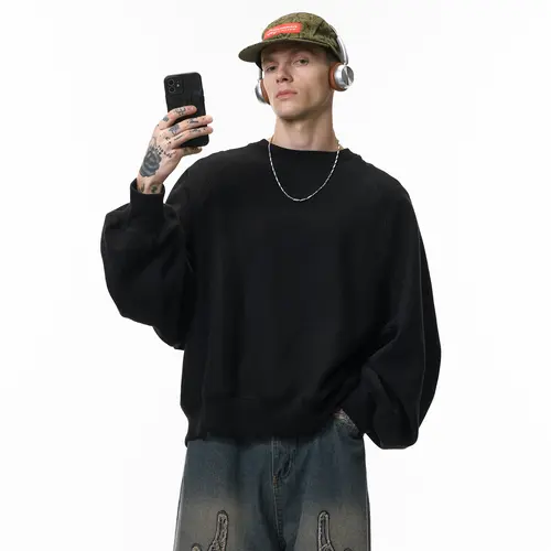 inflation Men's Heavyweight 100% Cotton Heavy Pullover, Wide-Sleeve Batwing Longsleeves Clothing, Casual Loose Fitting Oversized Baggy Boxy Short Body Cut Retro Streetwear Sweatshirt Top
