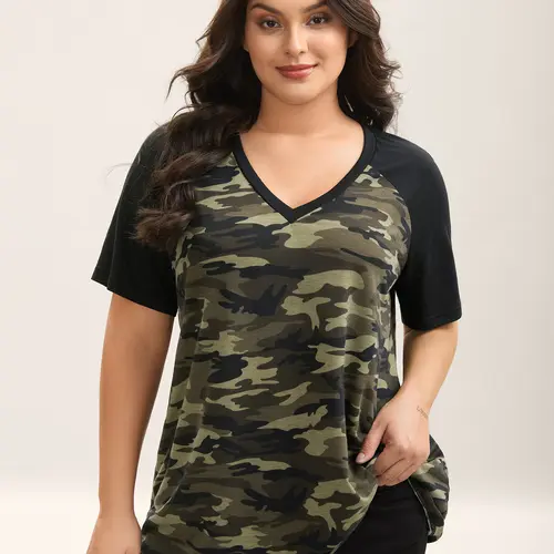 BLOOMCHIC Plussize Camo Print Women's V-Neck Short Sleeve Casual Fashionable Top (M-6X) - Stretchy Breathable Fabric, Flattering Fit, Contrast Patch, Curvy Clothing, Summer Outfit,Back To School,Fall Pick, Spotlight Day，SohoChic