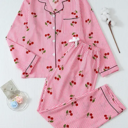 Women's Cherry Print Pajama Set, Long-Sleeve Comfortable Fitted Sleepwear & Loungewear with Casual Striped Pattern, All-Season Woven Fabric, Pjs, Fruit Print Pajama, Pajamas Sets
