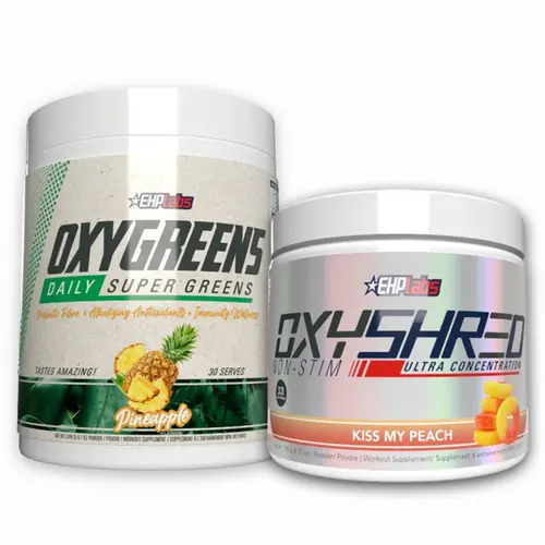 EHPlabs OxyShred Non-Stim + OxyGreens Health Supplements Bundle - Caffeine-Free Pre-Workout Supplement, Super Greens, Energy Support, Digestive Balance, Focus w/o Caffeine, Night-Workout Ready, Kiss My Peach Wellness Stack