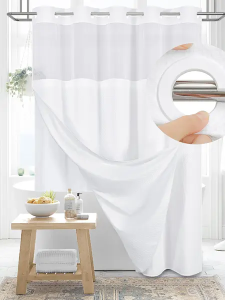DYNAMENE Premium No-Hook Washable Waffle Weave Shower Curtain Set, Heavy-Duty Double Layer with Snap-In Detachable Waterproof Liner & Mesh Window, Contemporary Matte Finish Bathroom Accessory for Hotel-Inspired Bathroom Look,sohochic