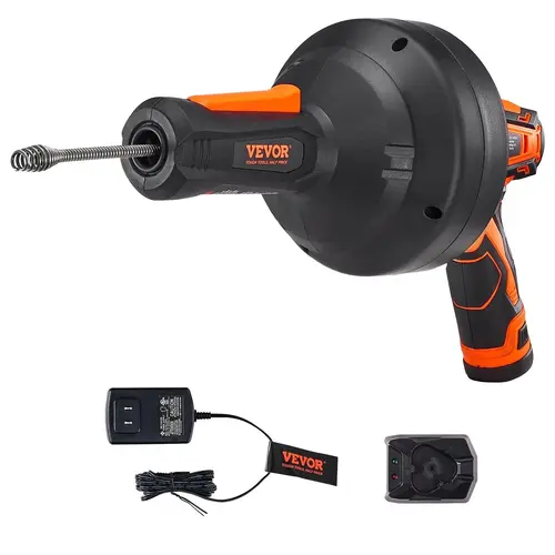 【toolupgrade】VEVOR 12V Rechargeable Cordless Electric Drain Auger Sewer Snake, 25 ft Length Pipe Unclogging Tool, Steel Cable, Flexible Bend, Commercial Auto Feed, 3/4"-2" Pipe Clog Remover, Power Drill Compatible, 2.0Ah Rechargeable Battery, Charger
