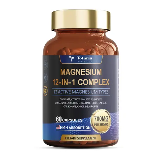 Totaria 60 Vegan Capsules 12-in-1 Magnesium Complex 700mg for Muscle Heart & Relaxation Support & Better sleep- High Absorbable Blend of 12 Chelates -Dietary Supplement