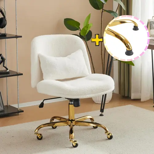 VINGLI Armless Ergonomically Adjustable Minimalist Office Chair - Wide Criss Cross Legs, Buttprint Design, Teddy Fleece White, Pillow, Dual Base, Dual-Use (With/Without Wheels), Easy Setup, Vanity Swivel for Home Office/Bedroom