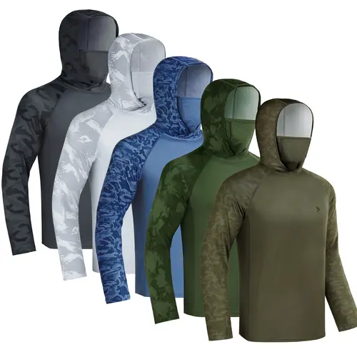 【RODEEL】915 5-Pack Men's UPF 50+ Sun Hoodies with Face Mask Neck Gaiter, Long Sleeve UV Protection Fishing Shirts, Lightweight Quick Dry Moisture Wicking Breathable Athletic Activewear for Fishing,Hiking,Construction,Roofing,Landscaping