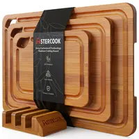 【Official】Astercook 4-Piece Bamboo Chopping Board Set with Holder - Food-Grade Non-Slip Sturdy Yet Natural Bamboo Boards, 3-Size Kitchen Accessories, Organizer for New Home Setup, Steak Prep, Non-Slip Chopping Boards