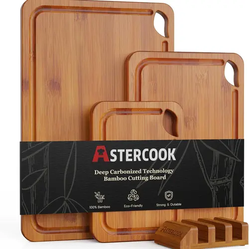 Astercook 4-Piece Multi-Size Grooved Charcoal Bamboo Chopping Board Set with Holder, 4.7lb Eco-Friendly Durable Cutting Boards, 3 Sizes for Tasks, Holder Keeps Tidy, Ideal for Vegetable Chopping Blocks, Fruits, Meats
